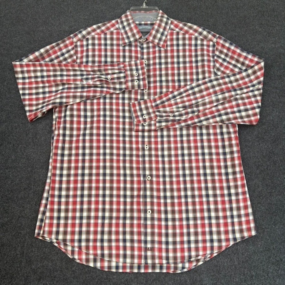 Johnston & Murphy Men's Shirt Large Tailored Fit Long Sleeve Button Red Plaid - Picture 2 of 16